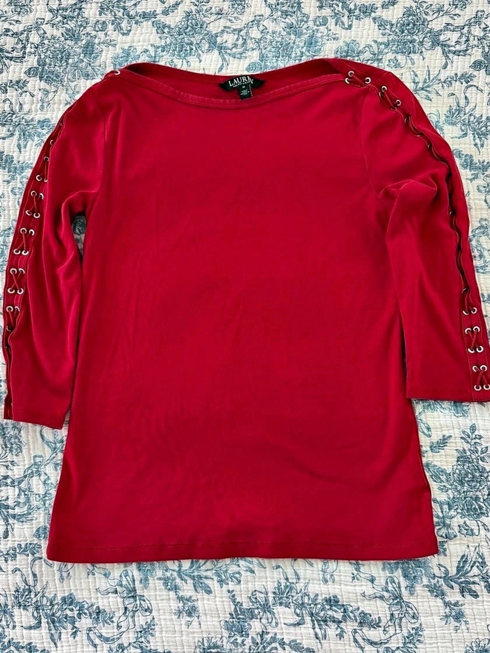 Lauren Ralph Lauren Long Sleeve Grommet Top in Red Size Medium Good